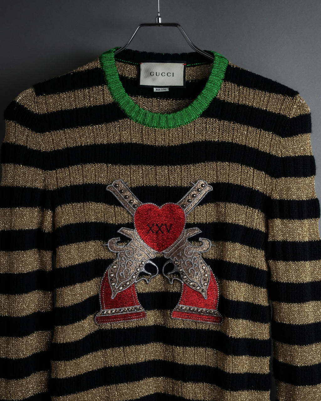 "GUCCI" 17-18aw striped lurex emblem knit sweater