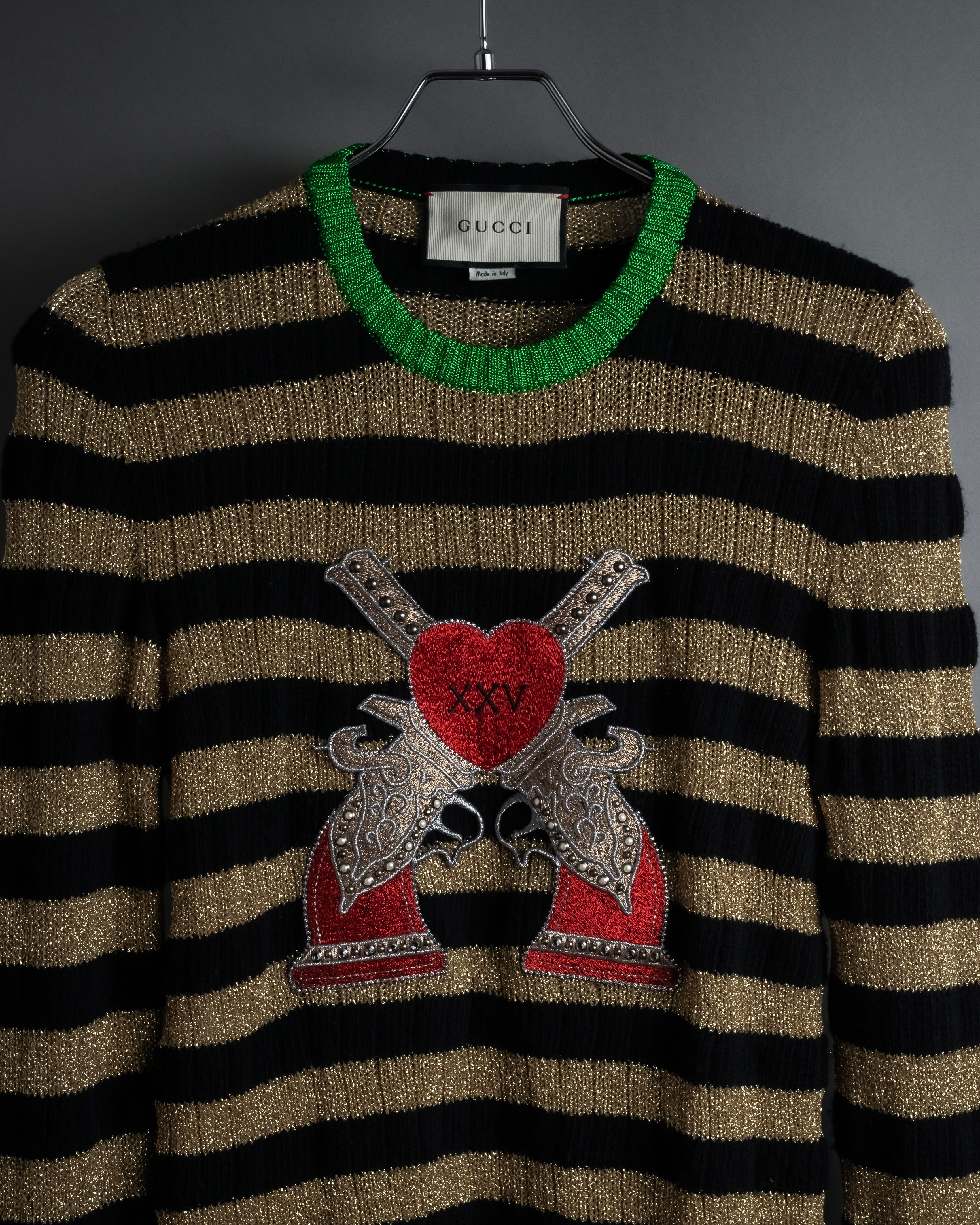 "GUCCI" 17-18aw striped lurex emblem knit sweater