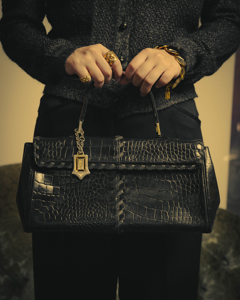 -SPECIAL- “Yves Saint Laurent” 80’s-90’s Crocodile embossed lace-up handbag