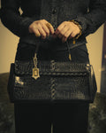 -SPECIAL- “Yves Saint Laurent” 80’s-90’s Crocodile embossed lace-up handbag