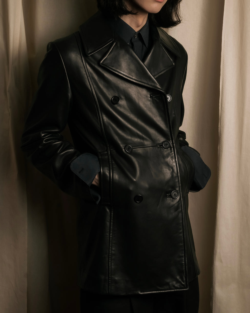 "COACH" Double-breasted panel work design leather coat