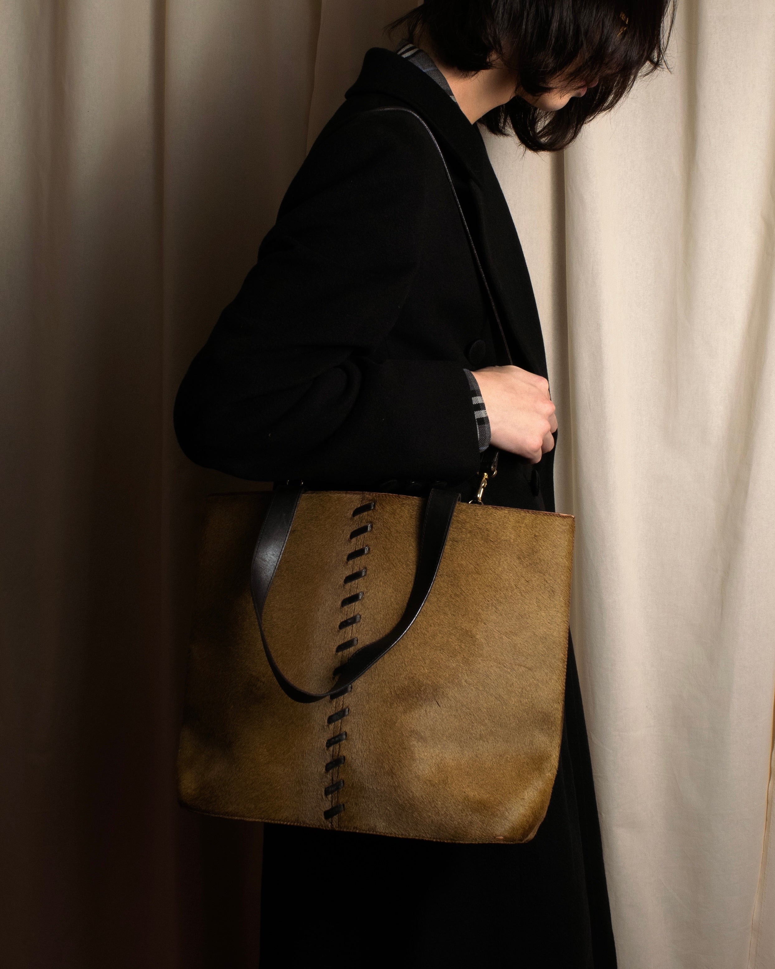 "YVES SAINT LAURENT" Hand-stitched design hair calf leather tote bag