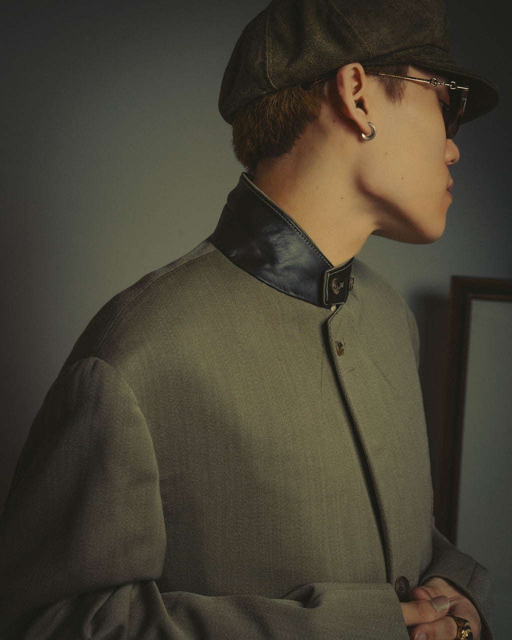-SPECIAL- "Hermès" 80's-00's Leather collar tailored blazer