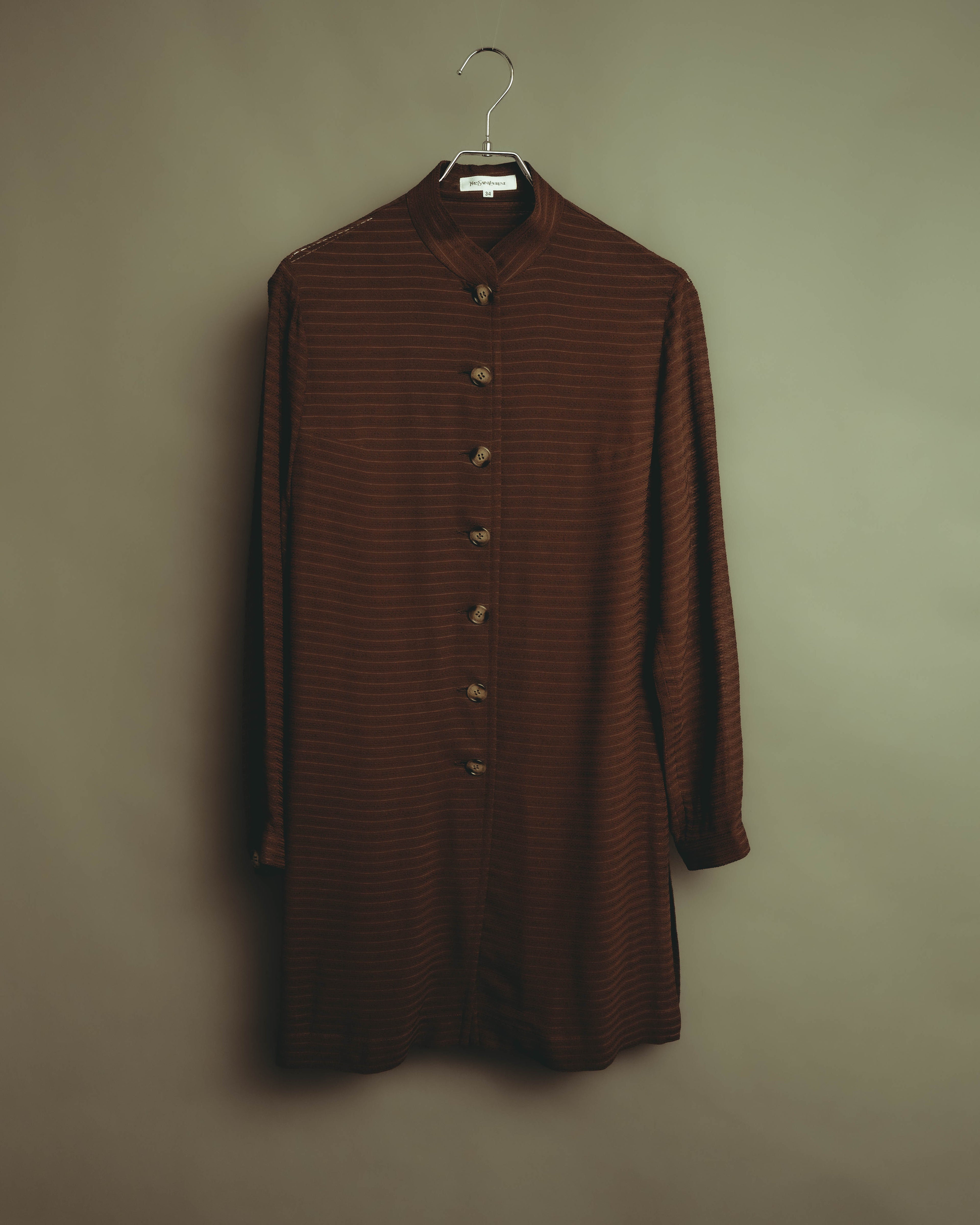 “YVES SAINT LAURENT” 80’s-90’s textured silk blend mandarin collar long shirt