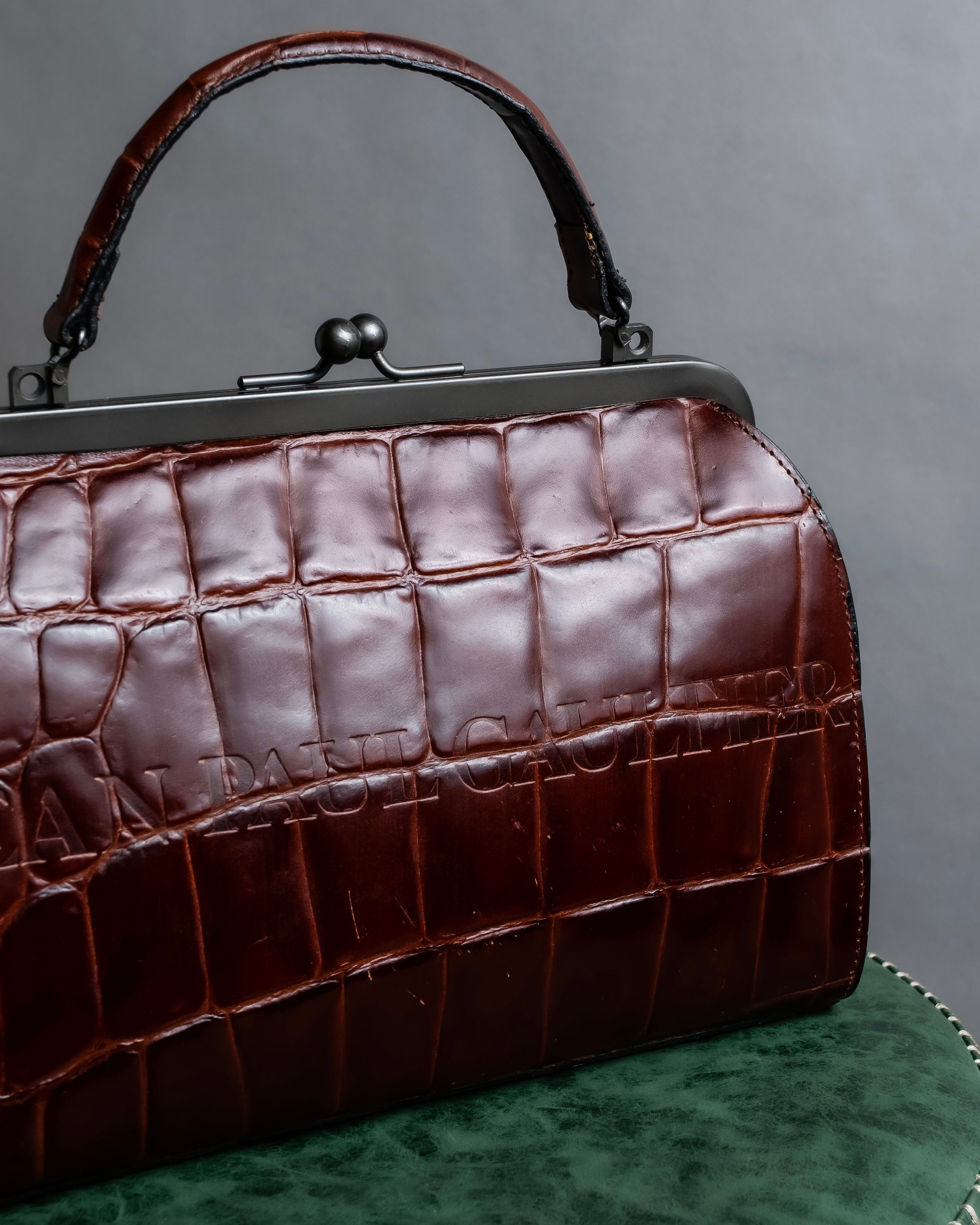"JEAN PAUL GAULTIER" Logo engraved crocodile embossed 2way leather bag