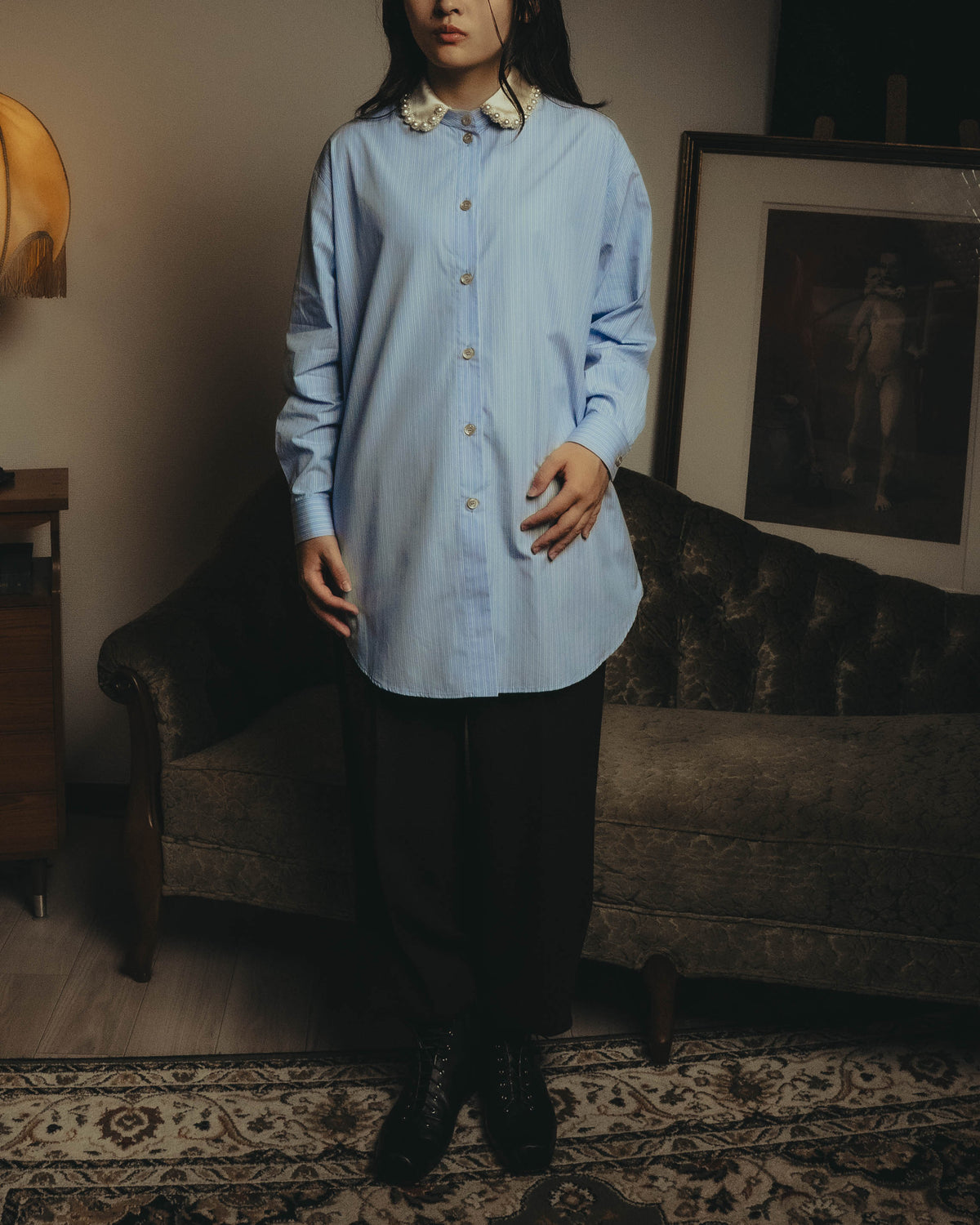-SPECIAL- "GUCCI" 2010's-20's Pearl embellished detachable collar striped long shirt