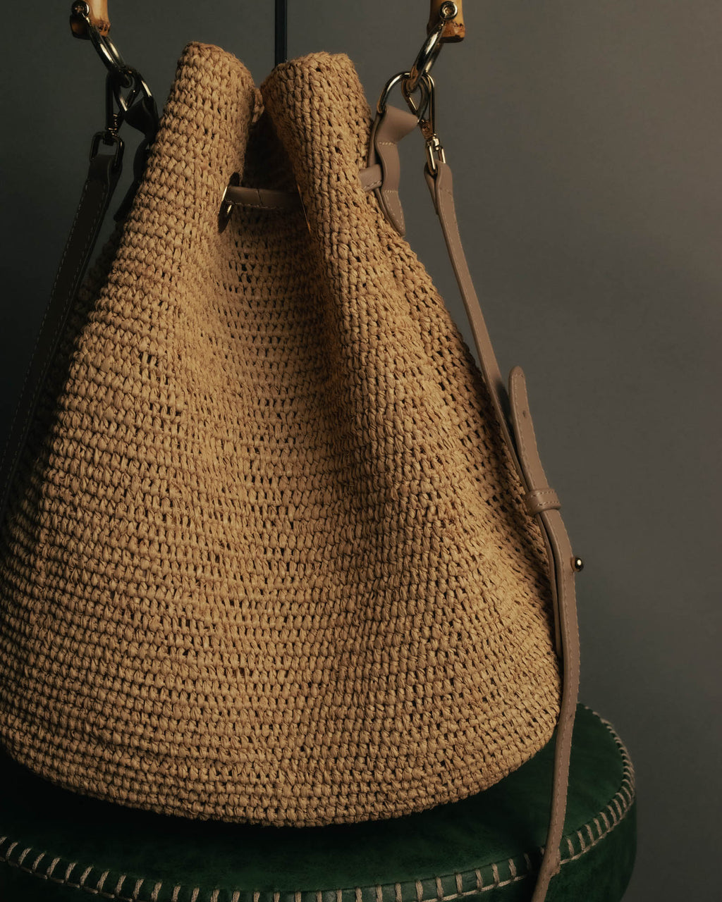 “Heidi Klein” Natural raffia bamboo handle bucket bag