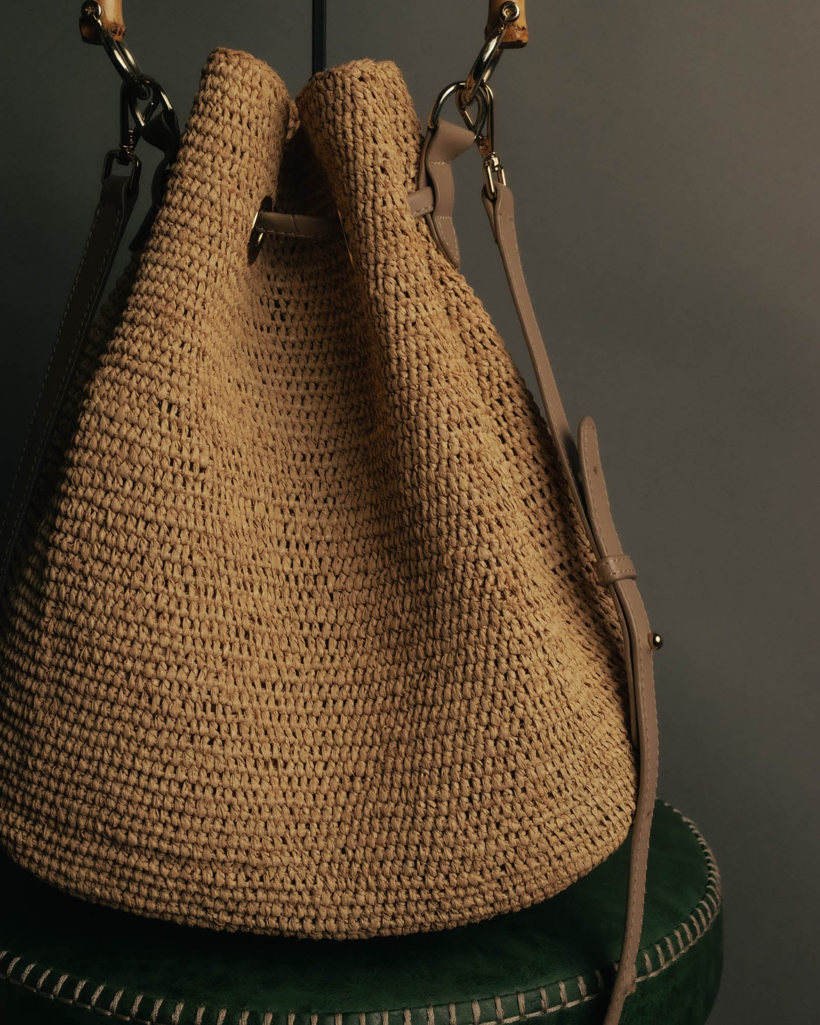 “Heidi Klein” Natural raffia bamboo handle bucket bag