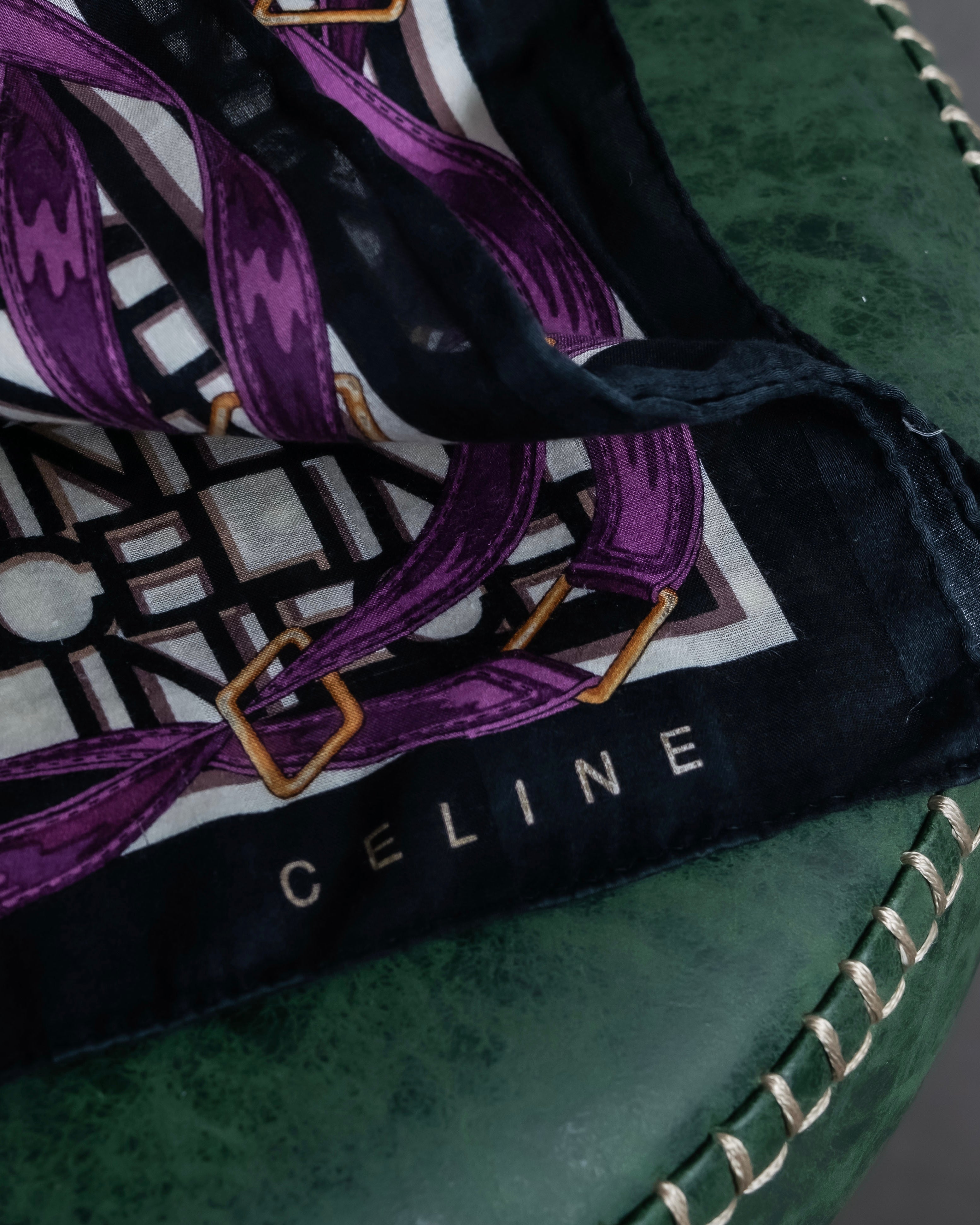 "CELINE" Belt motif pattern purple color silk scarf