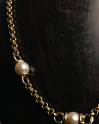 "YVES SAINT LAURENT" 80's-90's Gold-tone rolo chain necklace with faux pearl accents