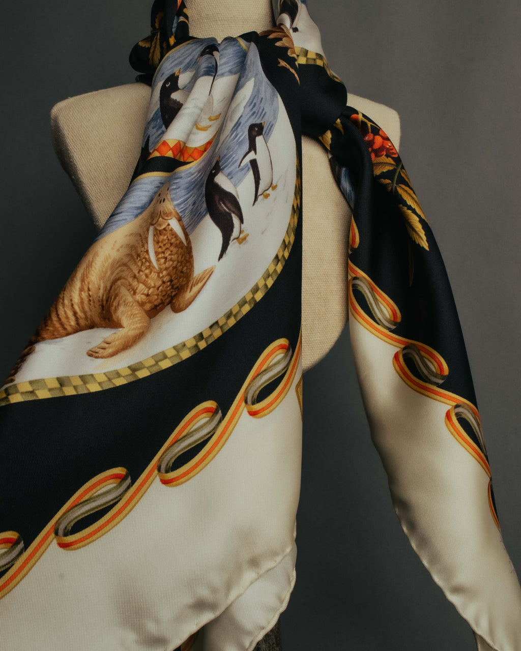"Salvatore Ferragamo" 90's-00's Vintage arctic fauna and scrolling ribbon silk scarf