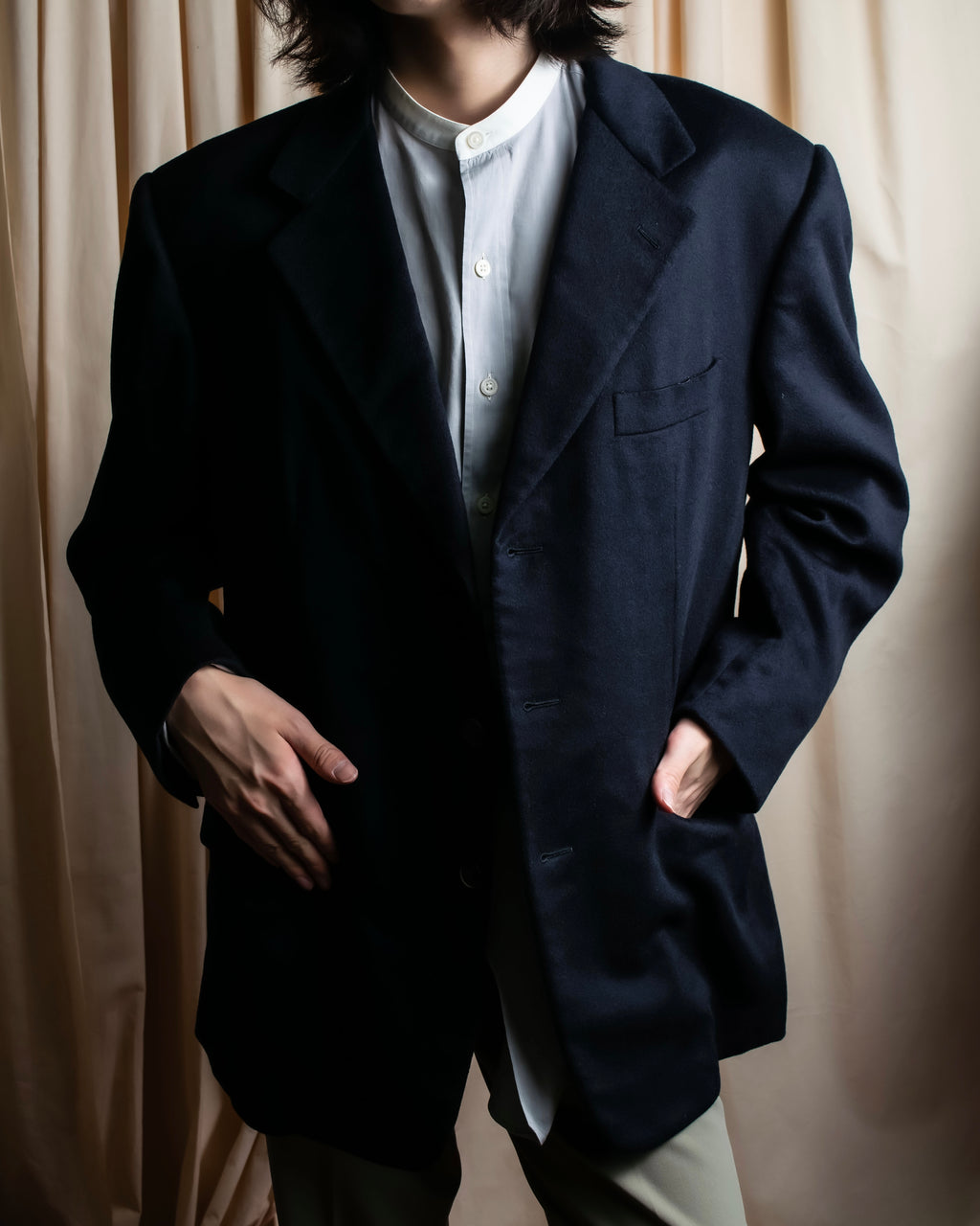 "HERMES" 90's Pure cashmere navy blue tailored jacket