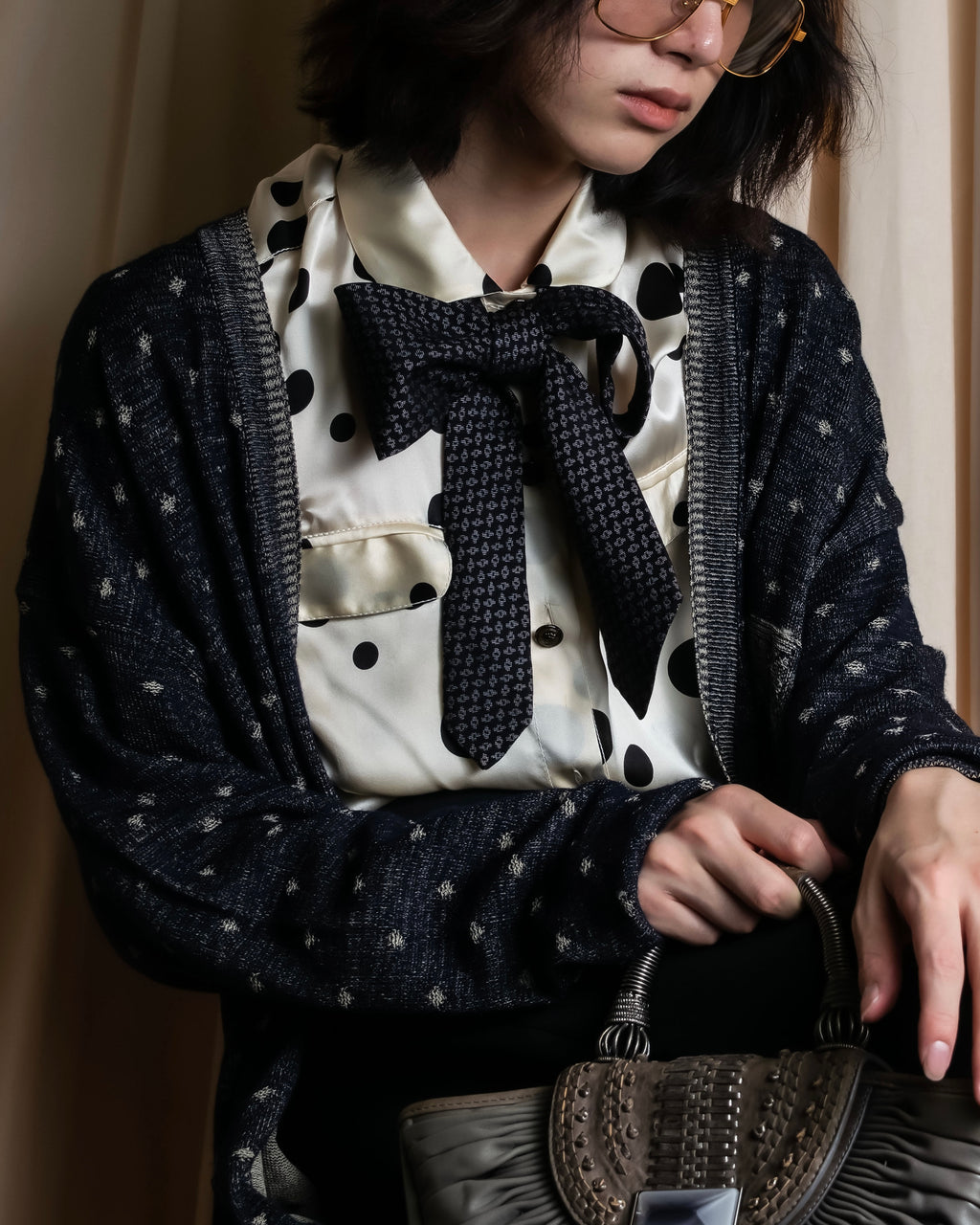 "Vintage abstract polka dot knit cardigan"