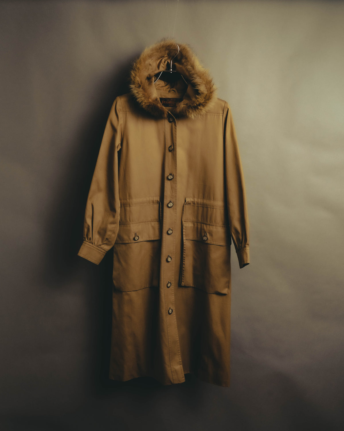 “Yves Saint Laurent” 80’s-90’s Raccoon fur trimmed hooded cotton long coat