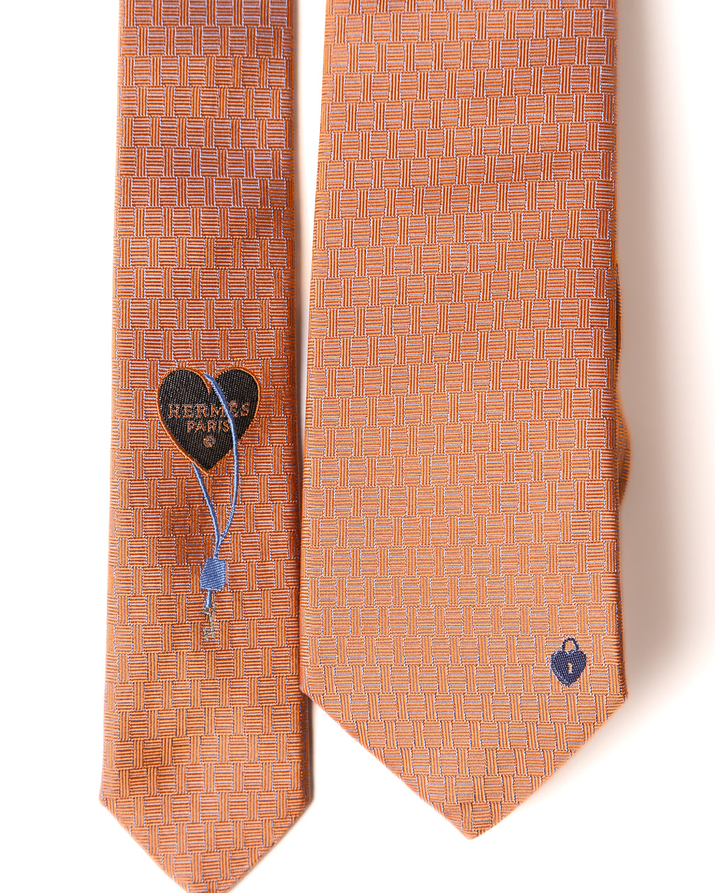 HERMES/ Heart Lock Motif H Patterned Silk Tie Orange