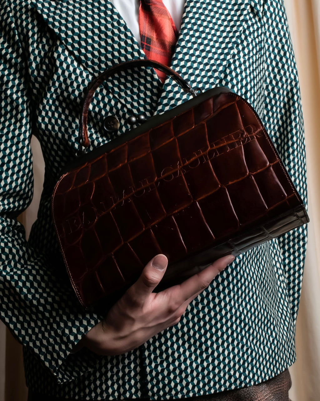 "JEAN PAUL GAULTIER" Logo engraved crocodile embossed 2way leather bag