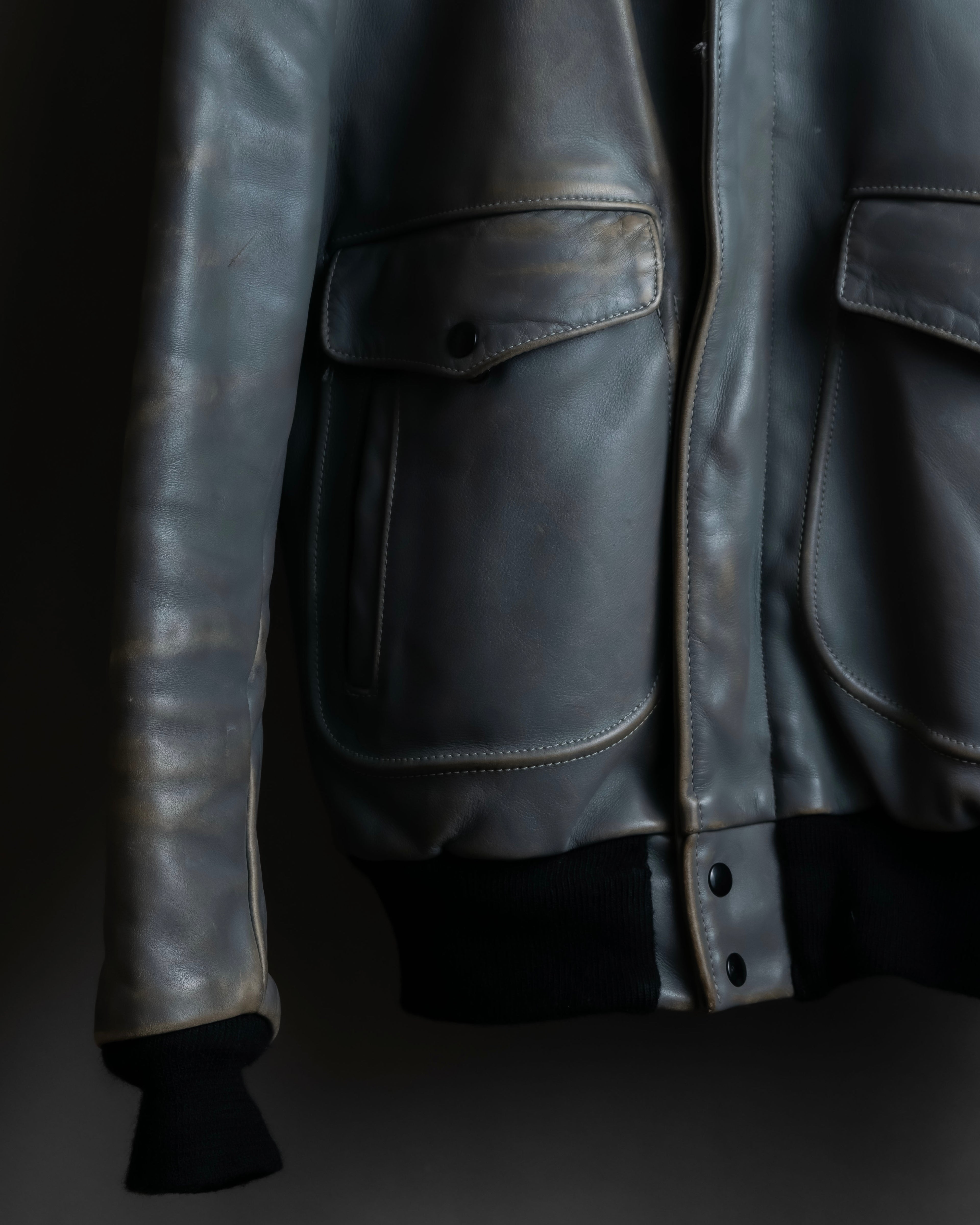 "VANSON" Out pocket design ribbed leather jacket