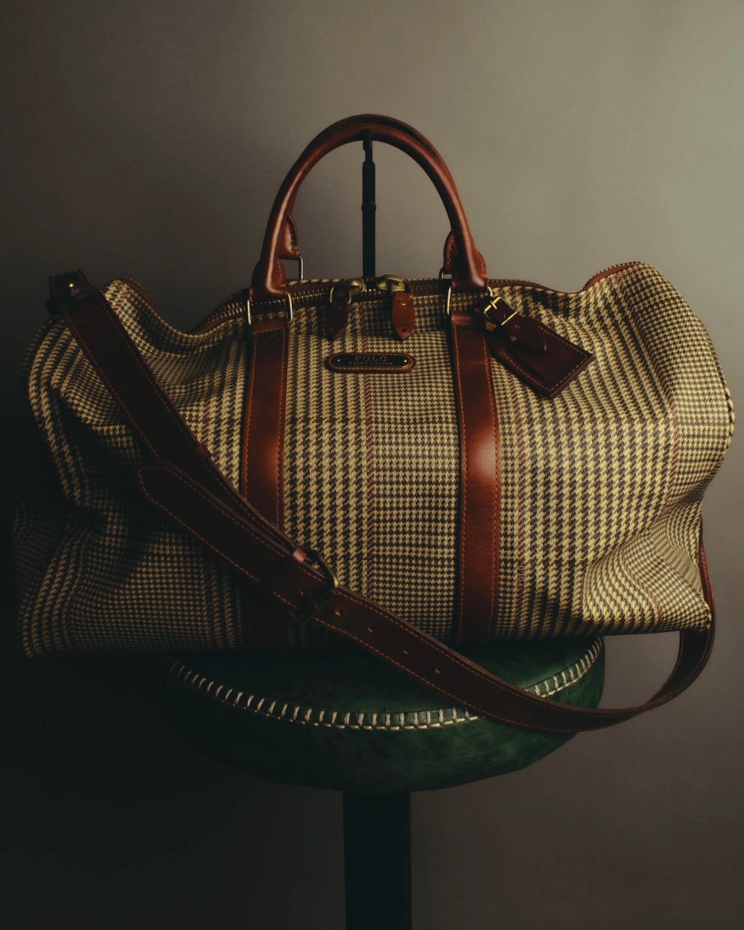 "Polo Ralph Lauren" 80's-90's Houndstooth leather trim travel bag