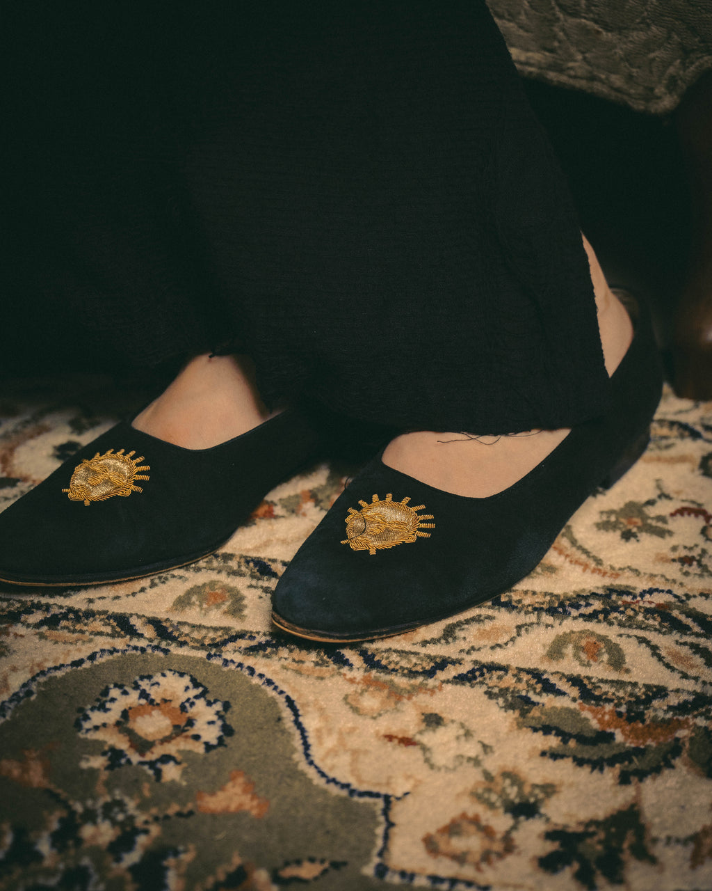 -SPECIAL- "Hermès" 80's-90's Gold embroidered suede loafers