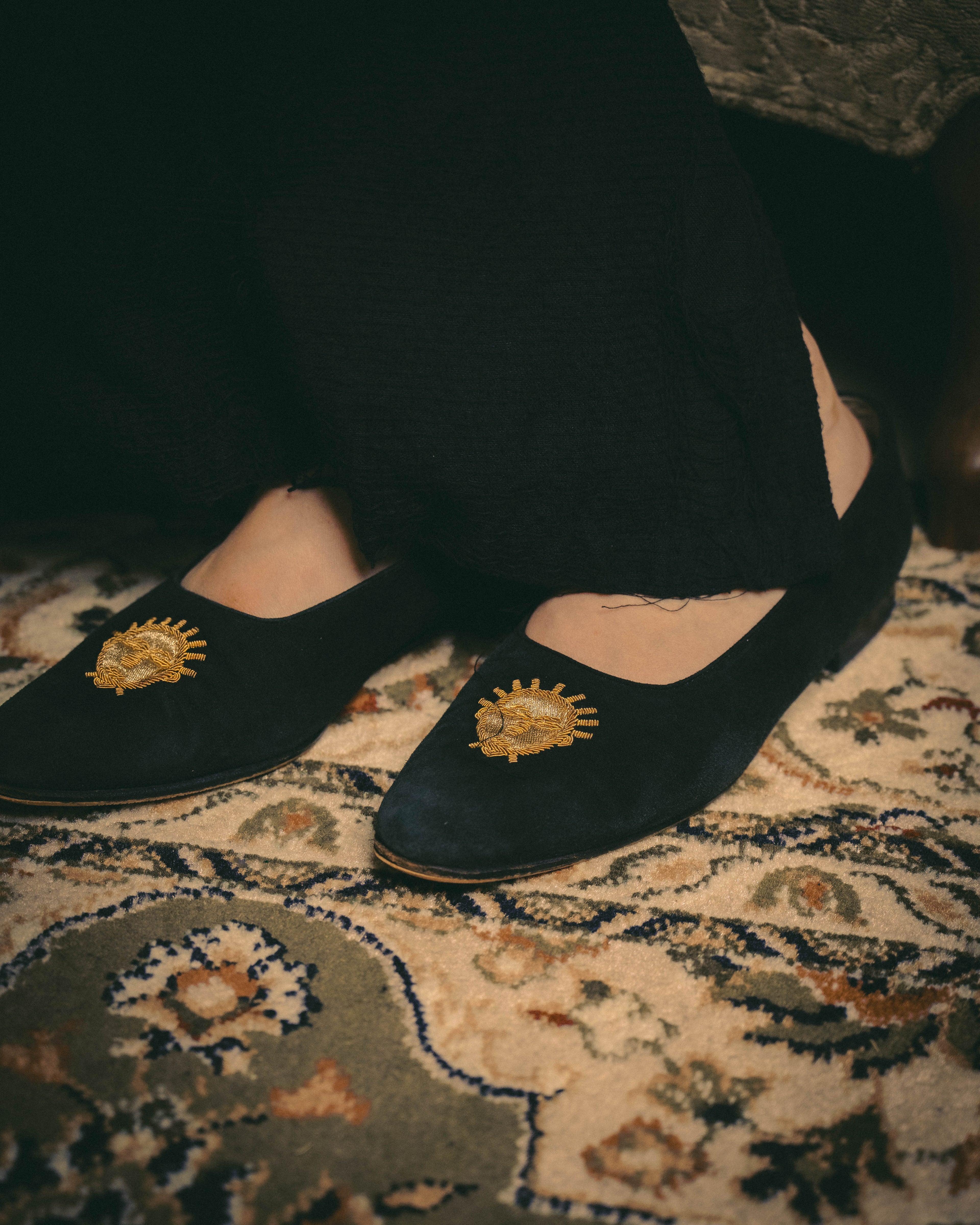 -SPECIAL- "Hermès" 80's-90's Gold embroidered suede loafers