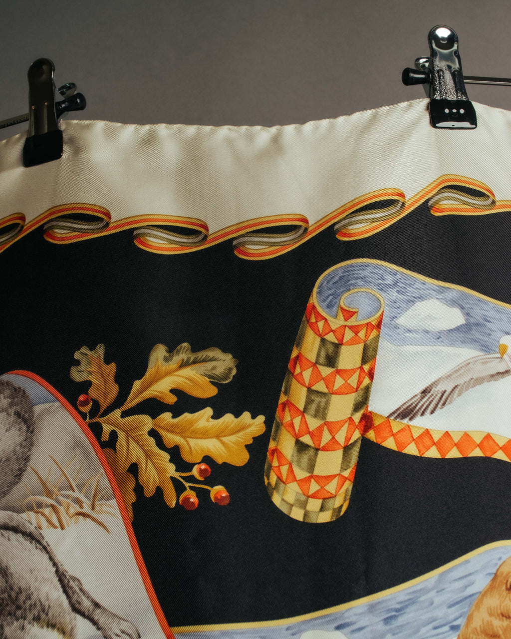 "Salvatore Ferragamo" 90's-00's Vintage arctic fauna and scrolling ribbon silk scarf