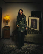 -SPECIAL- “LOEWE” 80’s-90’s Gold buttoned olive leather double-breasted tailored jacket