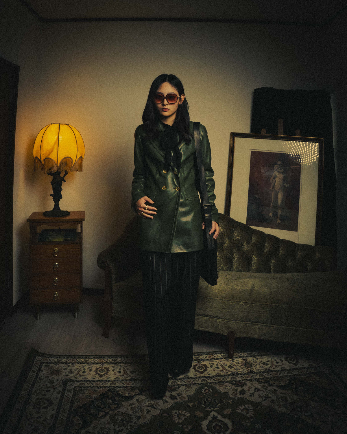-SPECIAL- “LOEWE” 80’s-90’s Gold buttoned olive leather double-breasted tailored jacket