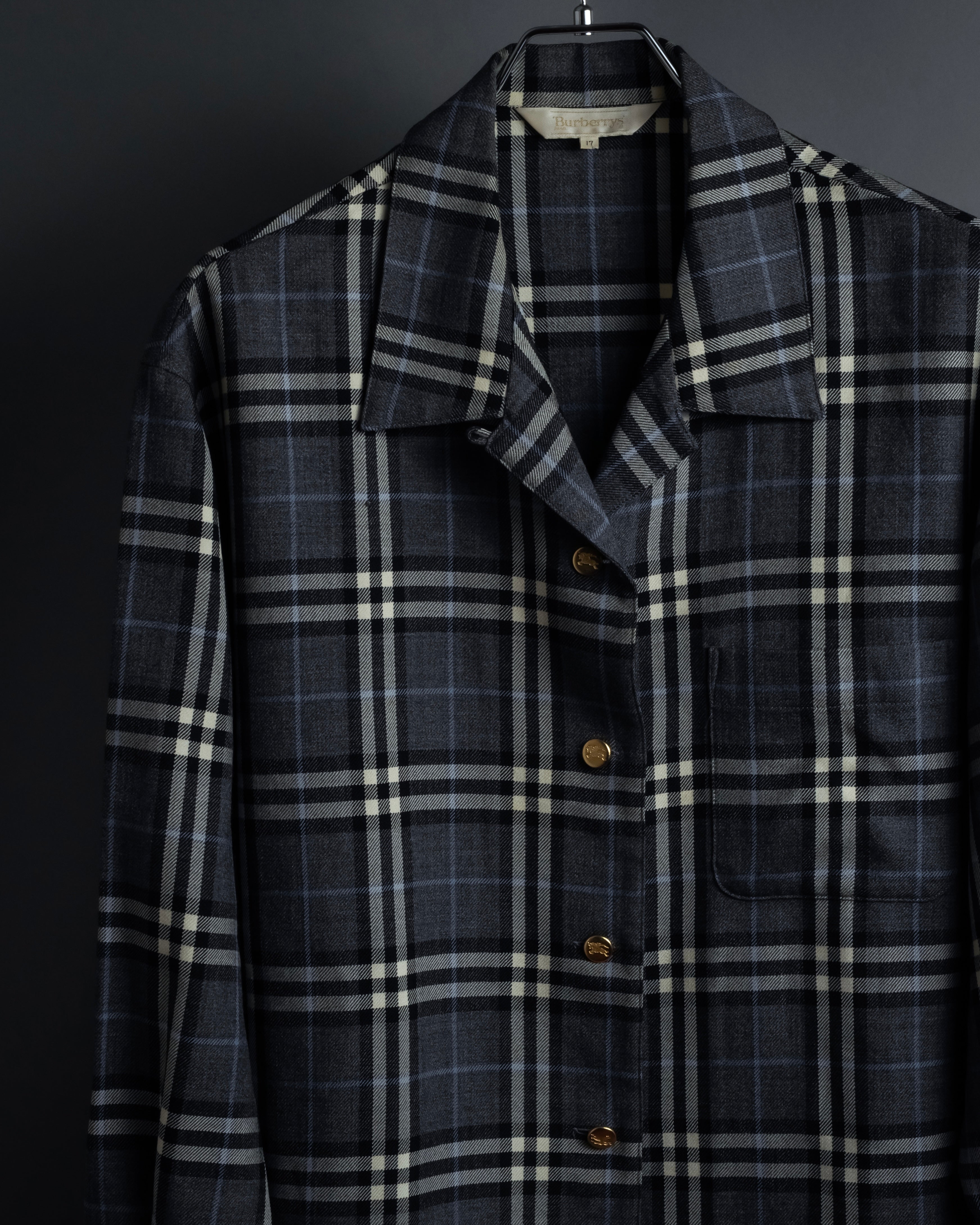 "BURBERRYS" Gold metal button design check pattern wool shirt