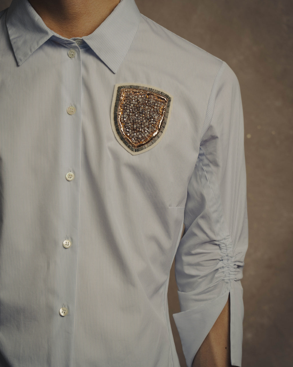 -SPECIAL- "Christian Dior" 00's-10's Embellished shield crest striped ruched sleeve shirt