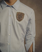 -SPECIAL- "Christian Dior" 00's-10's Embellished shield crest striped ruched sleeve shirt