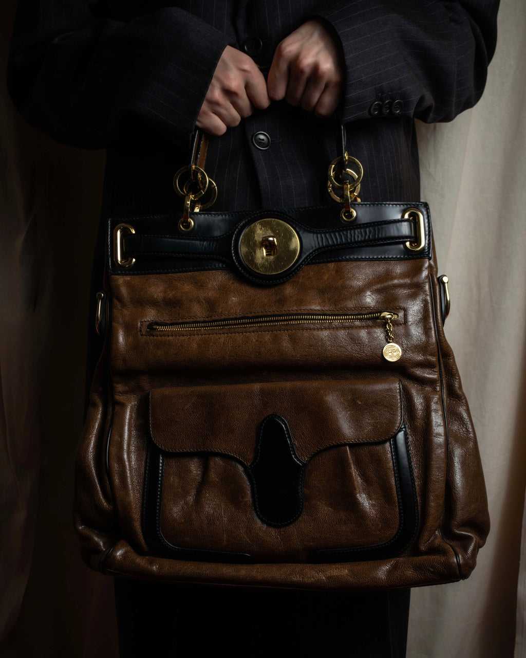 "BALENCIAGA" Gold turn lock design leather combination bag