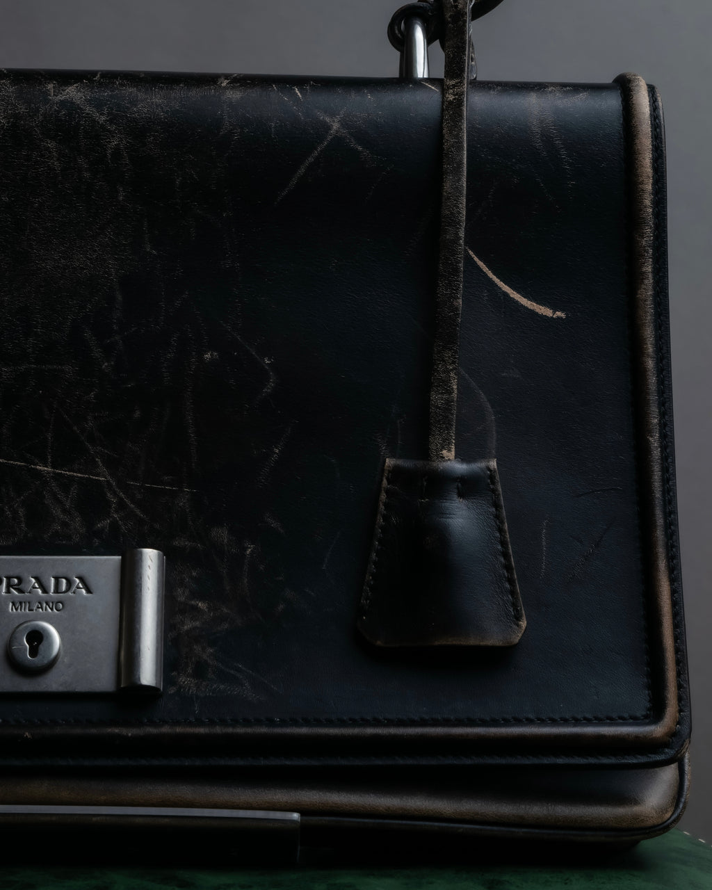 "PRADA" Aged metal parts design leather hand bag