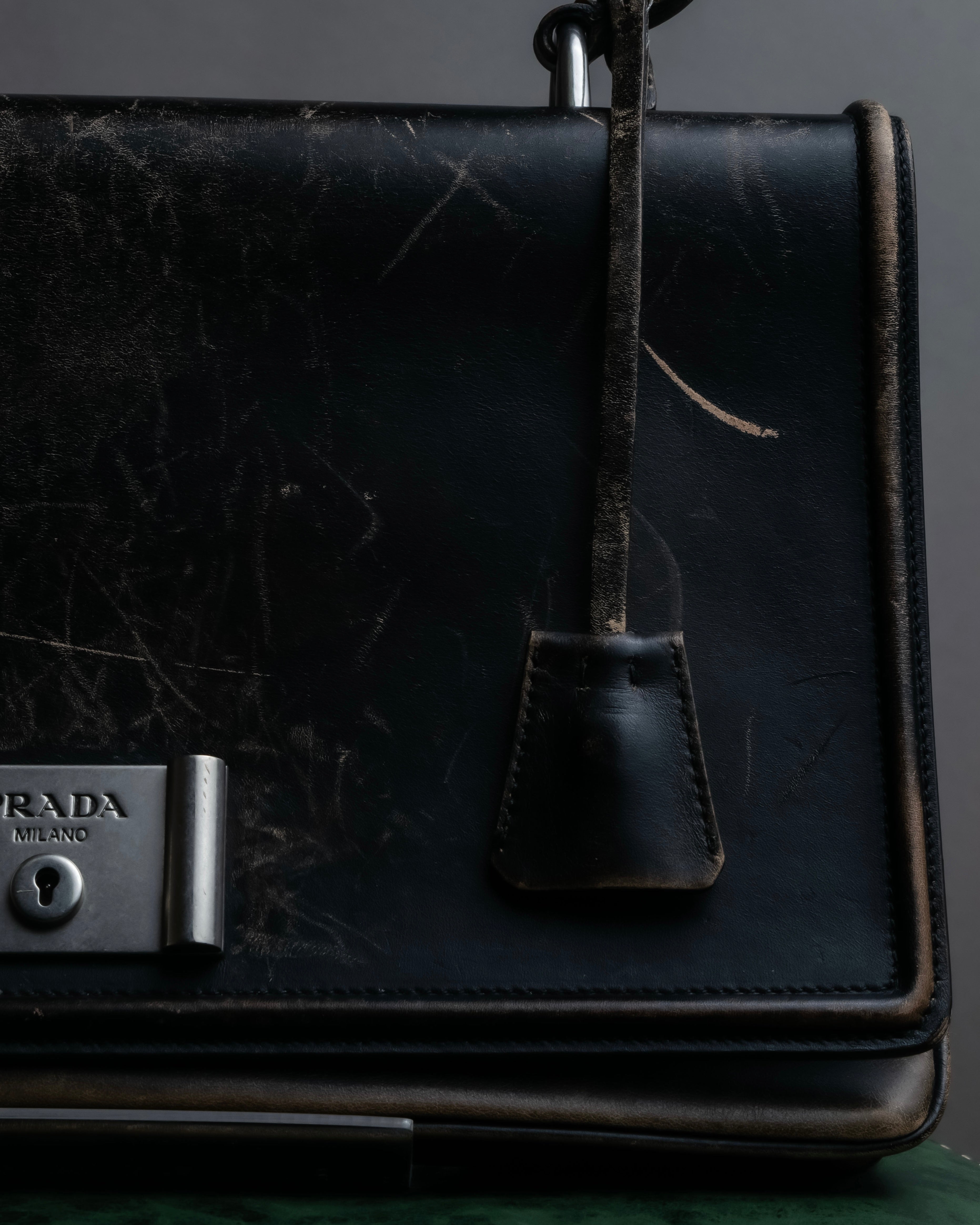 "PRADA" Aged metal parts design leather hand bag