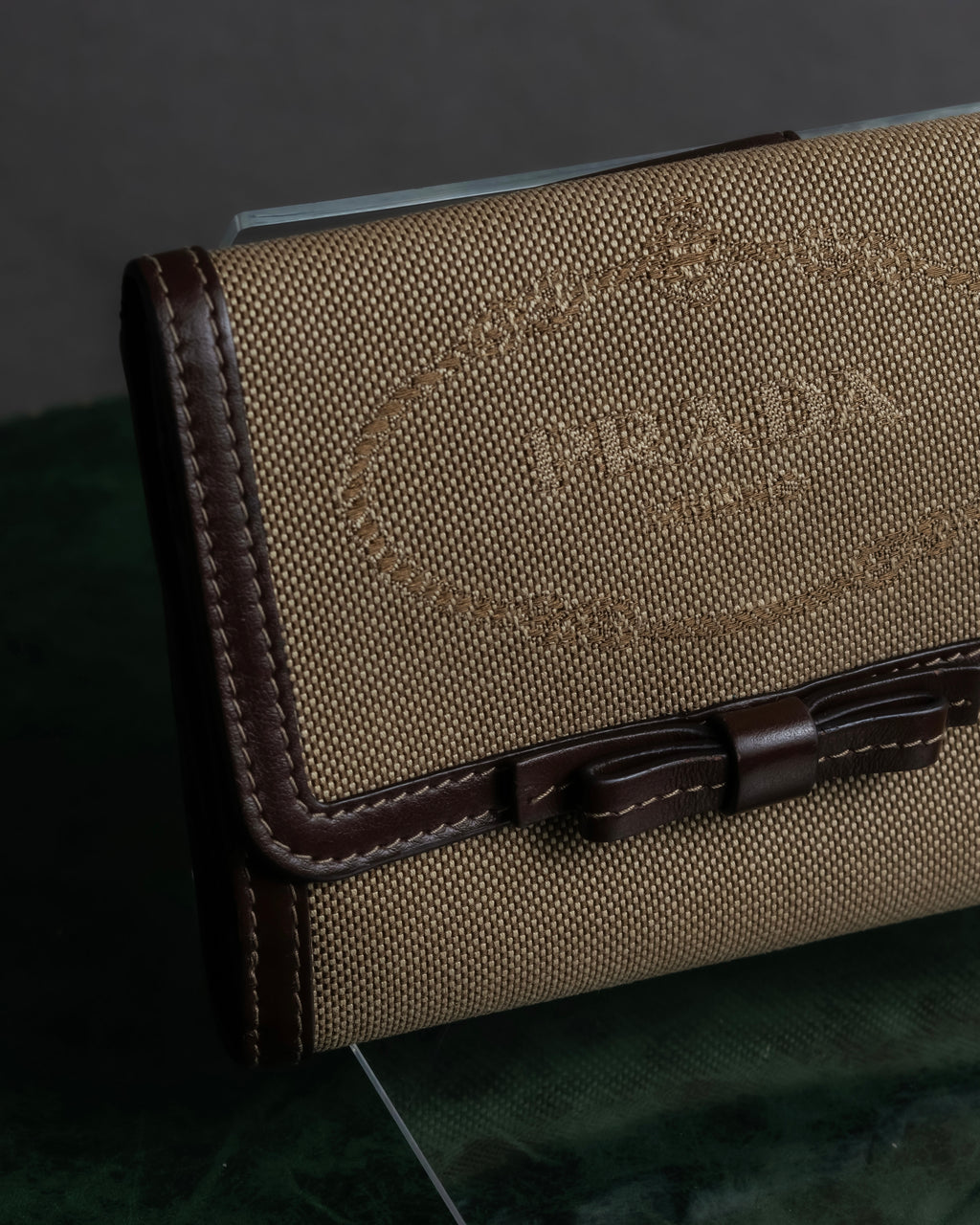 "PRADA" Logo engraved canvas＆leather combination short wallet