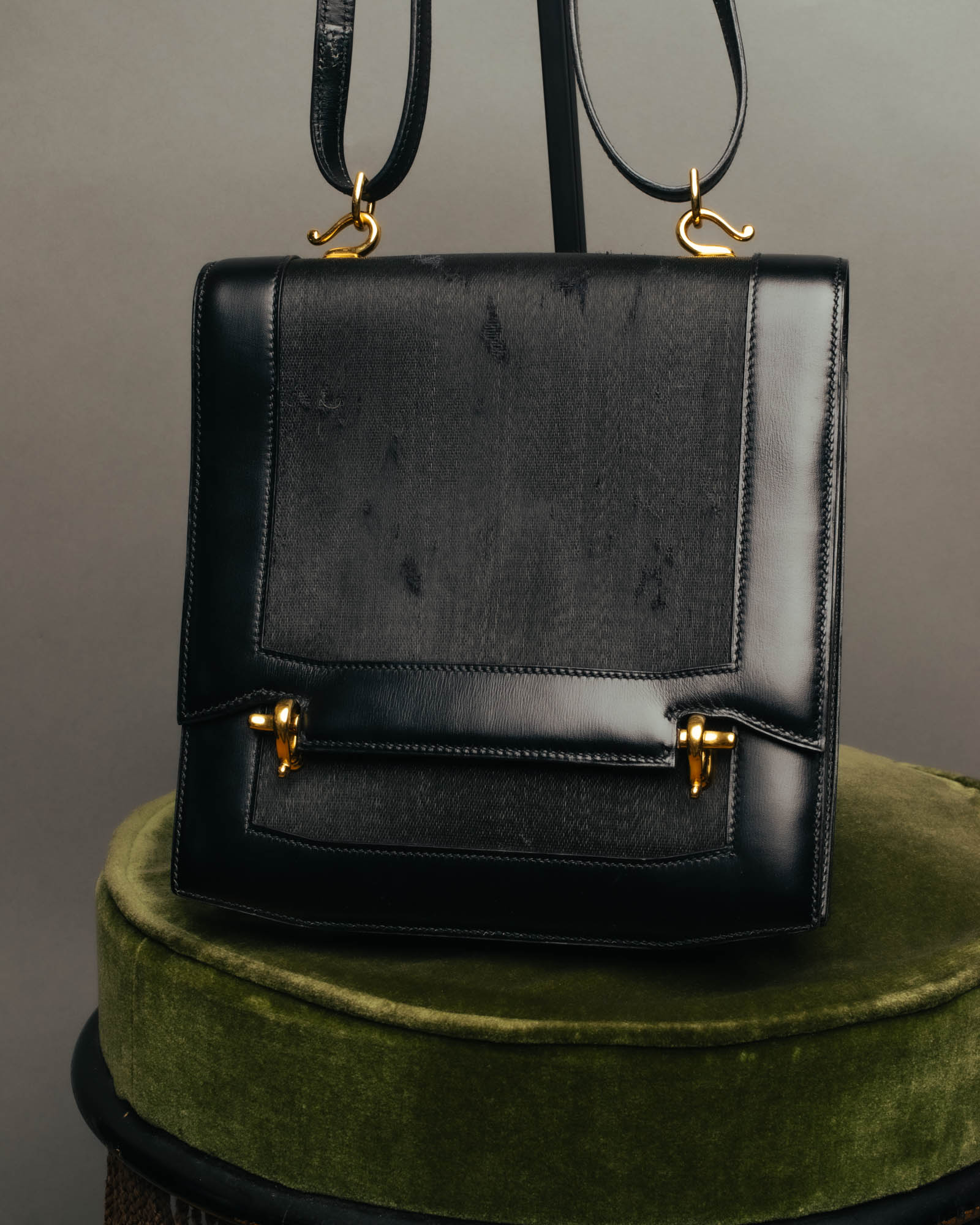 -SPECIAL- “HERMÈS” 80’s-90’s Camargue black leather and canvas shoulder bag