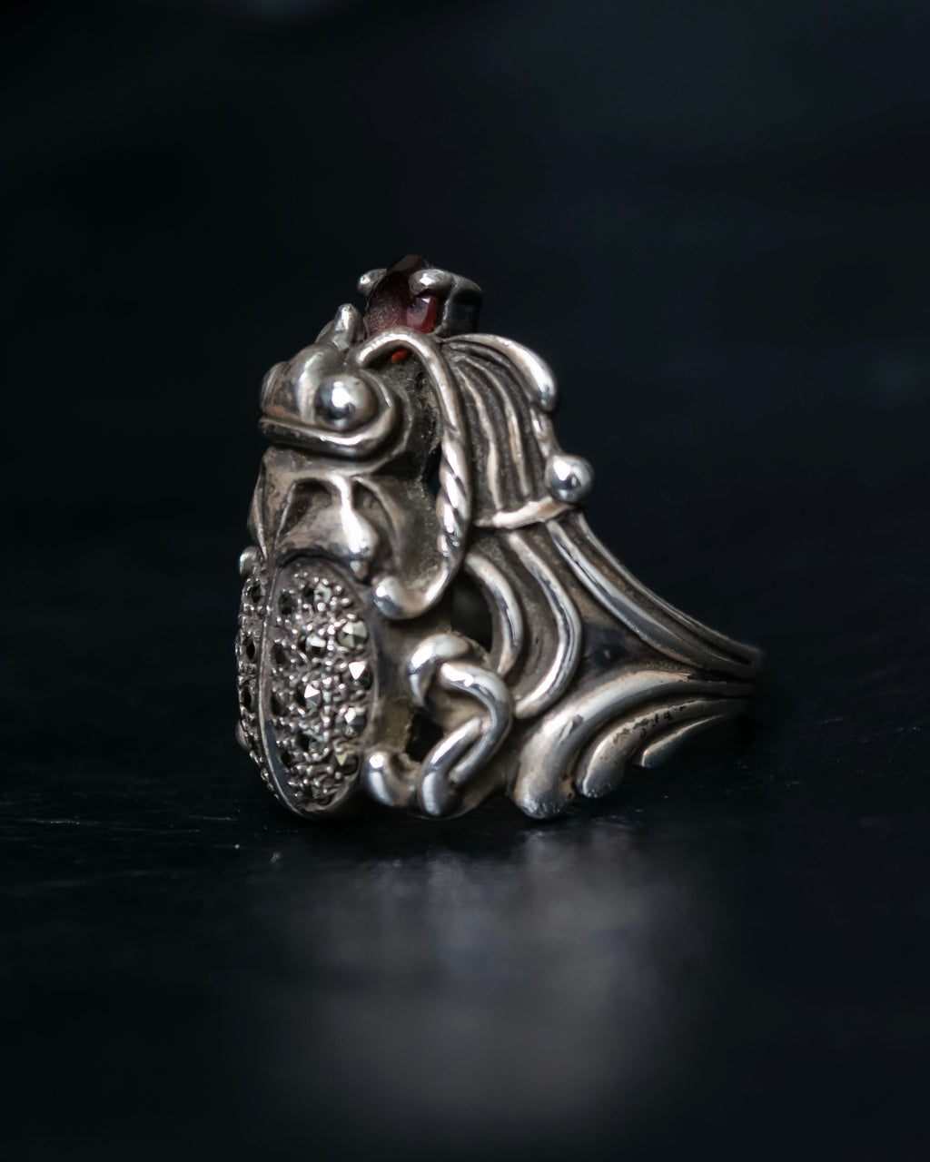 “Vintage” Beetle motif stone decorated silver ring