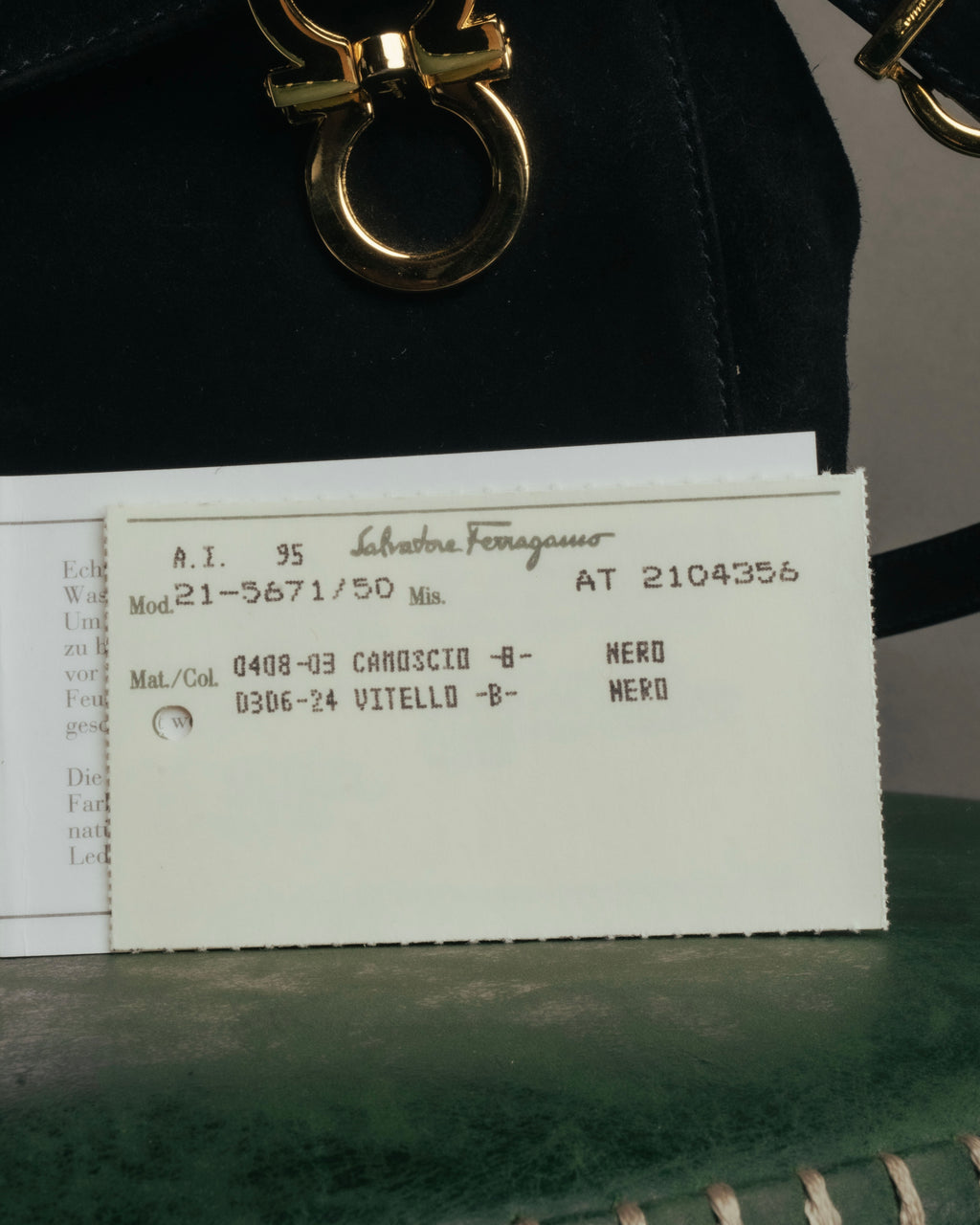 “Salvatore Ferragamo” 1995 Double gancini suede leather handbag