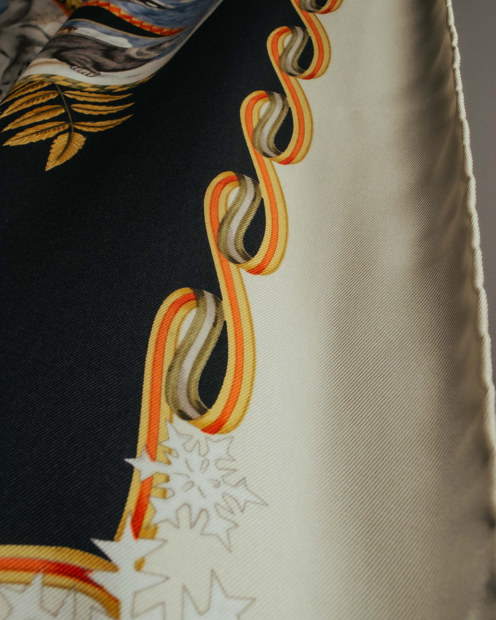 "Salvatore Ferragamo" 90's-00's Vintage arctic fauna and scrolling ribbon silk scarf