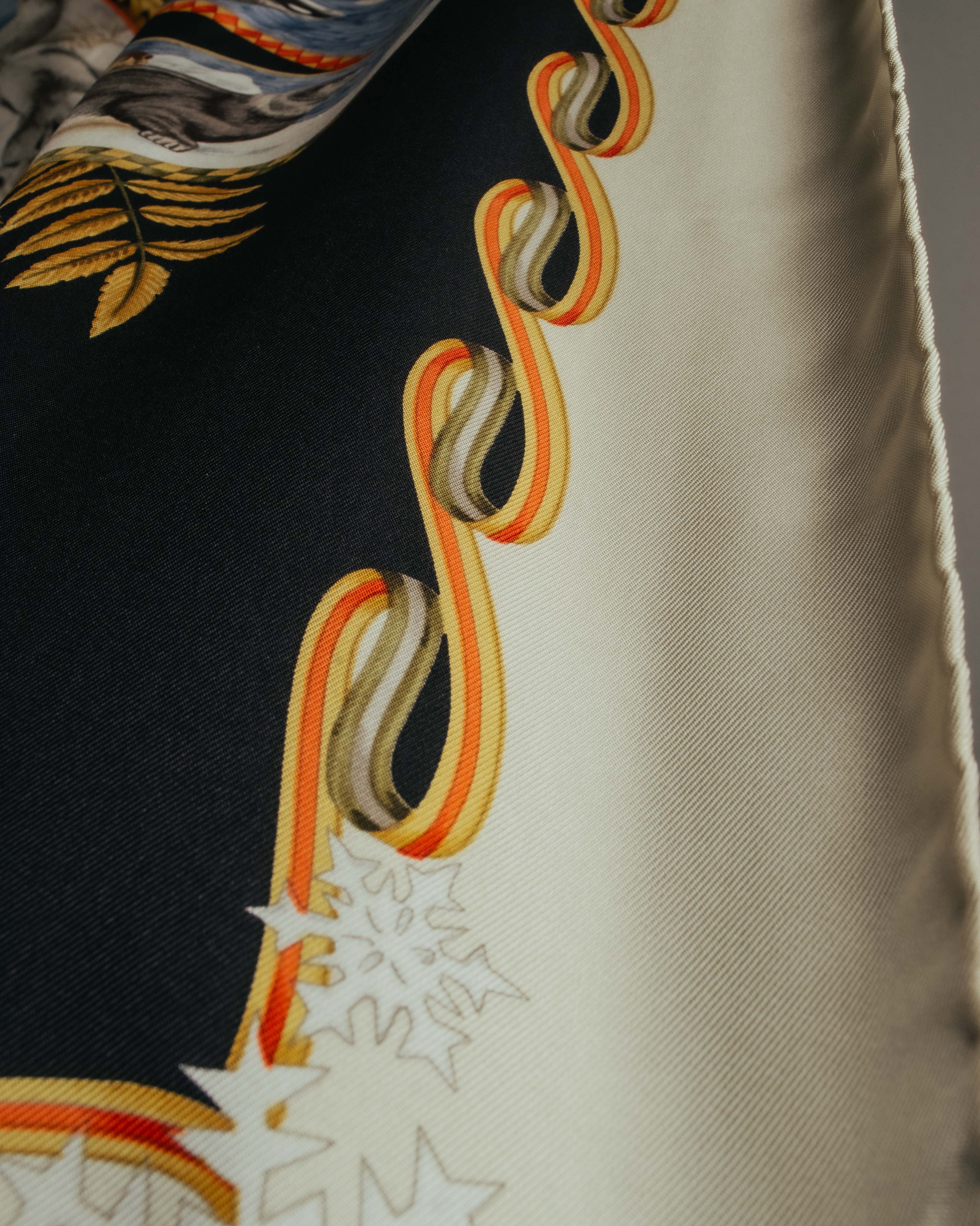 "Salvatore Ferragamo" 90's-00's Vintage arctic fauna and scrolling ribbon silk scarf