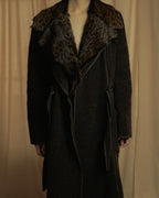 "FENDI" 90’s-00’s Sculptural belted leopard cat fur collar alpaca coat