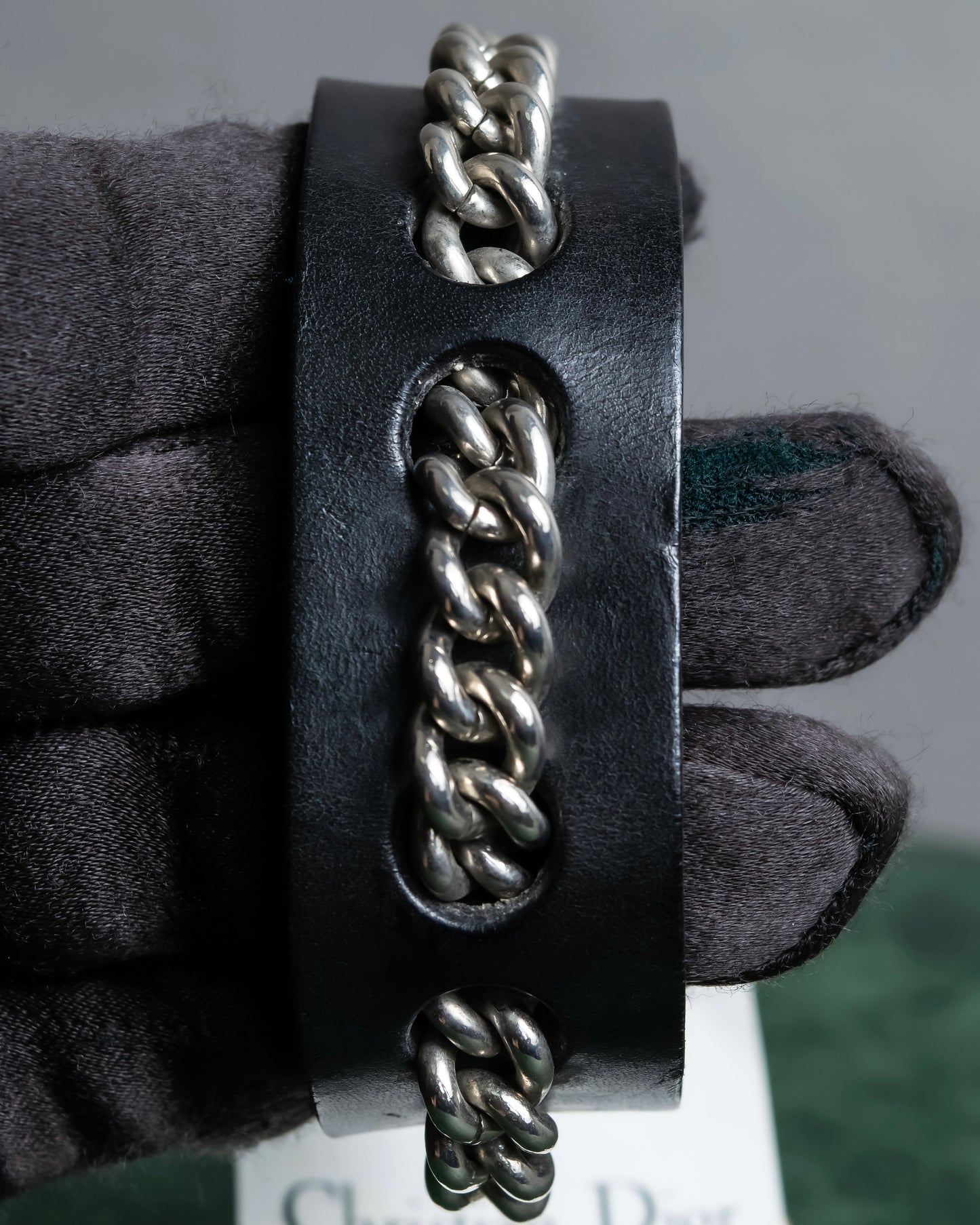 "Dior" Silver chain inlaid leather bracelet