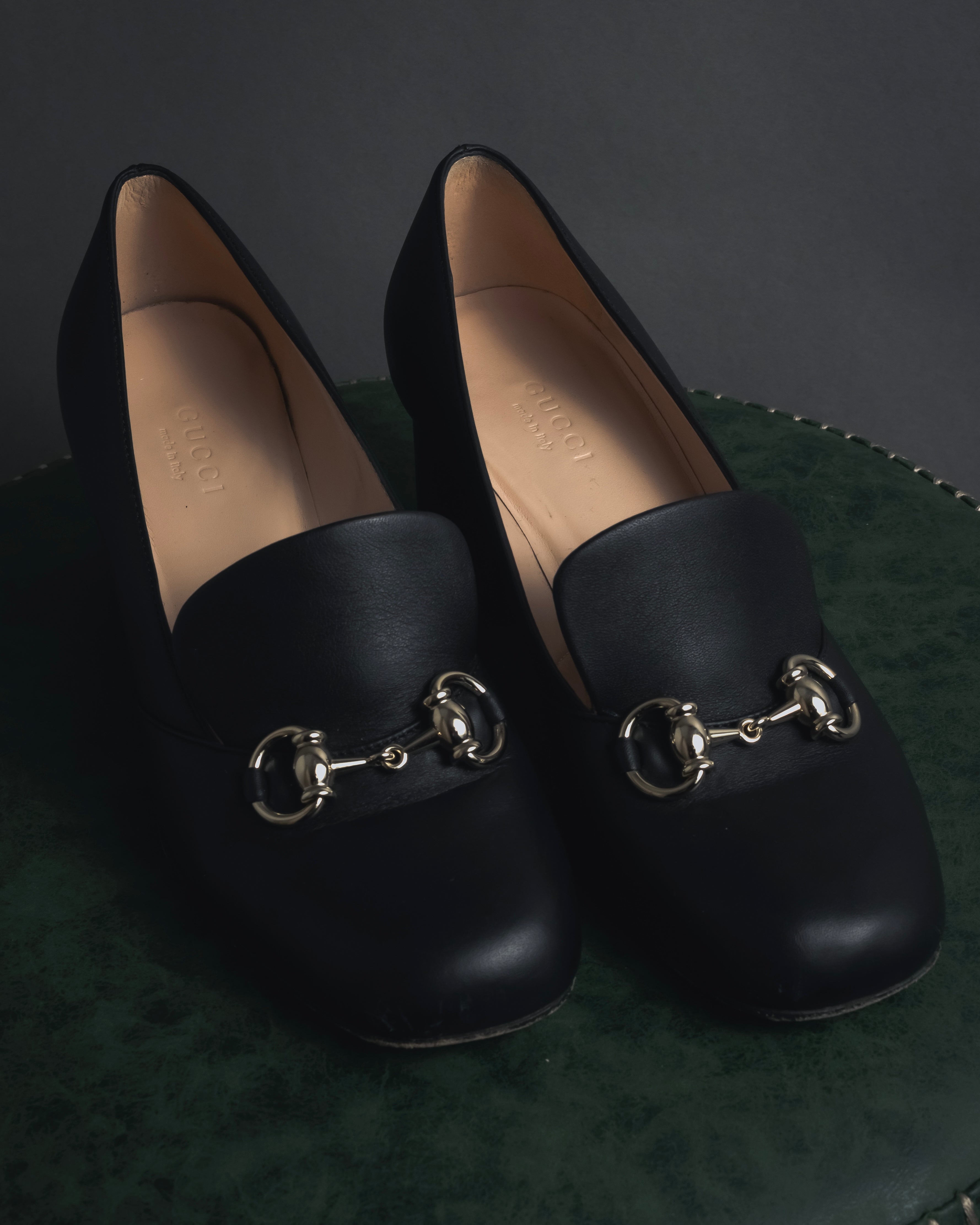 "GUCCI" Michele design horsebit leather heel loafers