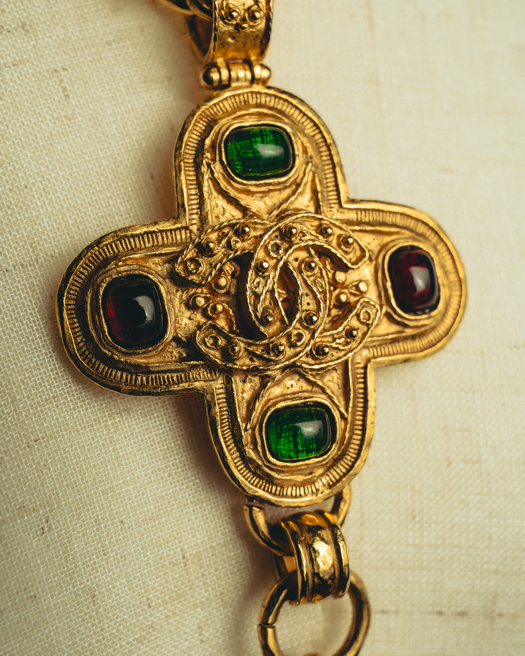 -SPECIAL- “CHANEL” 1994 AW Gripoix glass cross pendant tassel necklace