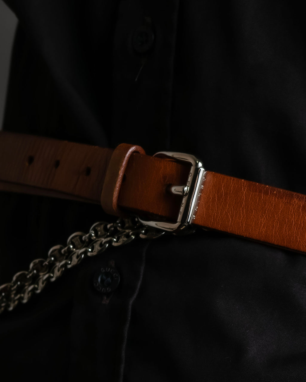 "CELINE" Oval link chain design leather combination belt