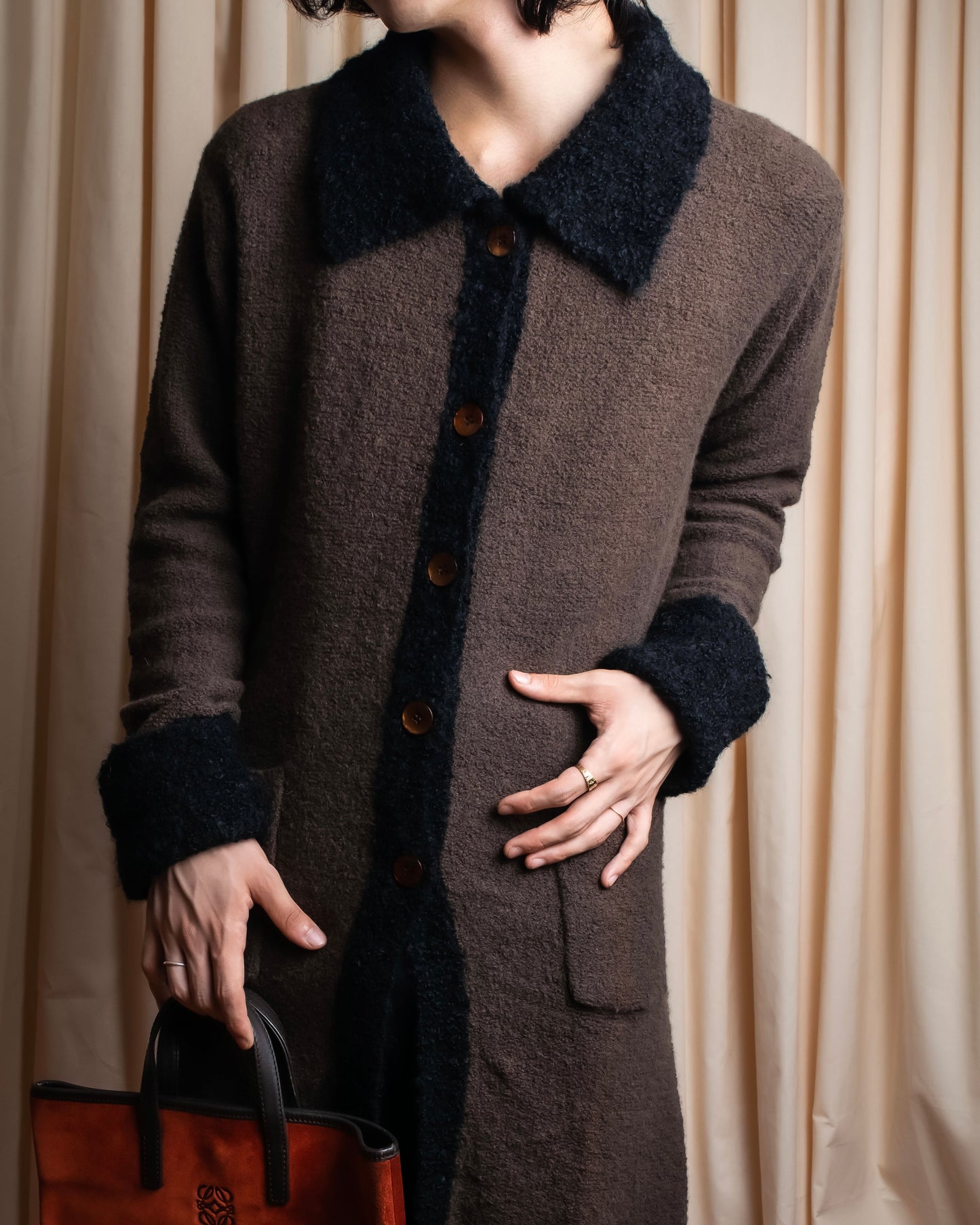 "Composition by KENZO" Fuzzy material cleric design knit coat