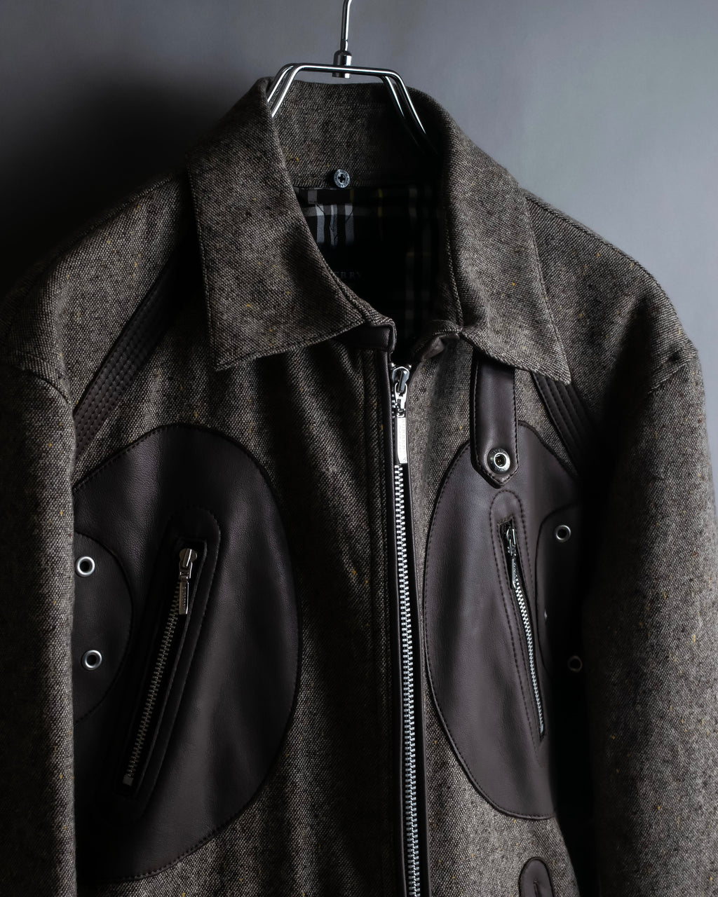 "BURBERRY Black Label" Leather combination design zip-up blouson