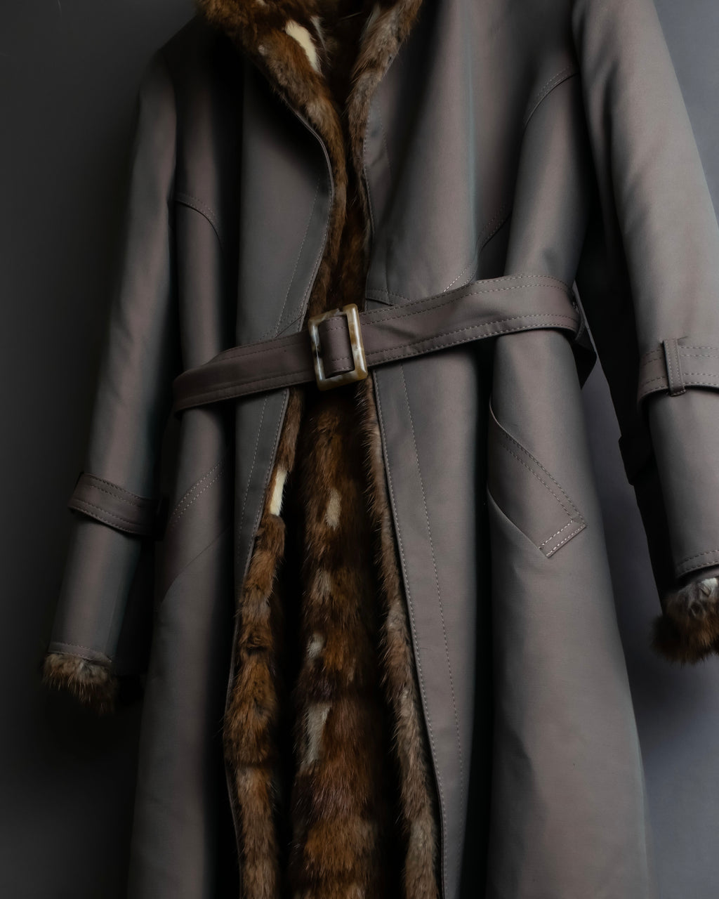 "HIROKI" Real fur lined maxi length belted coat