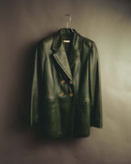 -SPECIAL- “LOEWE” 80’s-90’s Gold buttoned olive leather double-breasted tailored jacket