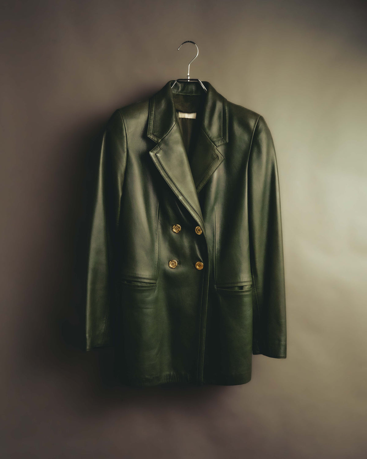 -SPECIAL- “LOEWE” 80’s-90’s Gold buttoned olive leather double-breasted tailored jacket