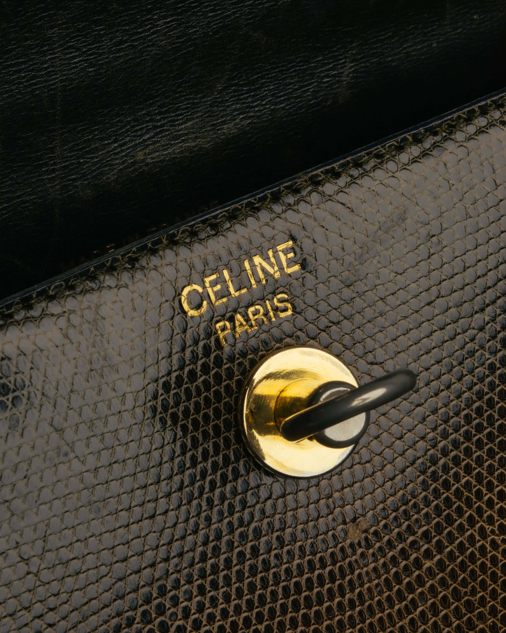 "CELINE" 70's-80's Structured lizard embossed leather top handle handbag
